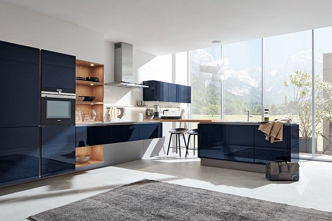 Moderne greeploze keuken in hoogglans donkerblauw - Afbeelding 1 van 3