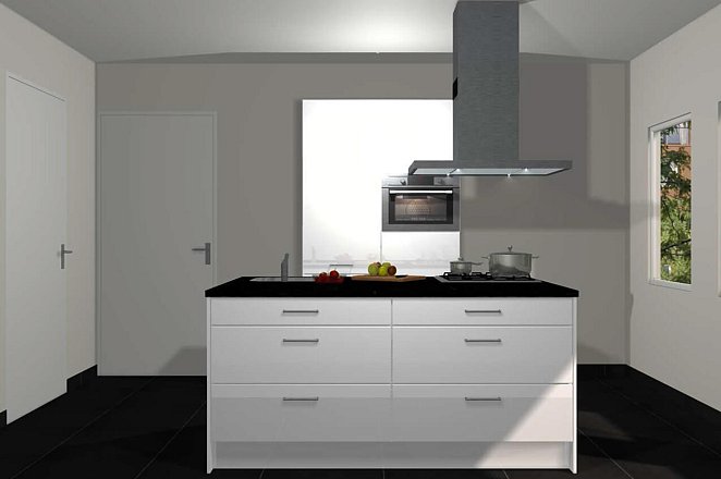 Eilandkeuken met kastenwand in hoogglans wit - Afbeelding 1 van 5