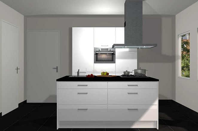 Eilandkeuken met kastenwand in hoogglans wit - Afbeelding 1 van 5