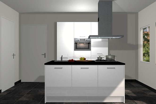 Eilandkeuken met kastenwand in hoogglans wit - Afbeelding 1 van 5