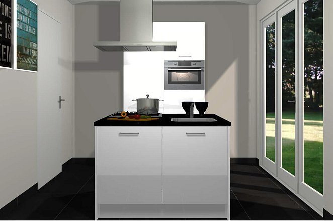 Eilandkeuken met kastenwand in hoogglans wit - Afbeelding 1 van 5